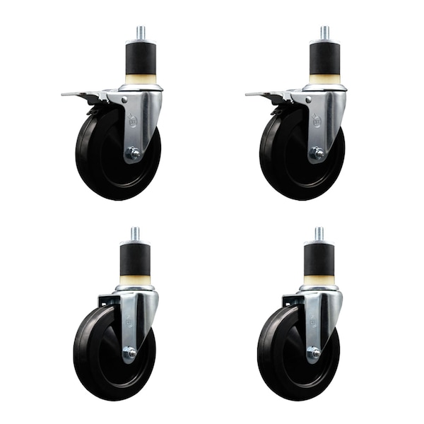 5'' Soft Rubber Swivel 1-7/8'' Expanding Stem Caster Set 2 Total Lock Brakes, 4PK